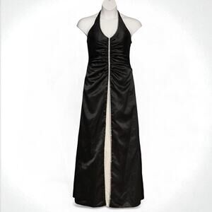 Vintage 80s Jump Apparel Black Halter Prom Gown 11/12 Rhinestone Trim Crinoline